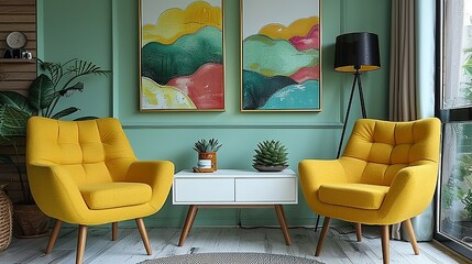 A pair of bright yellow armchairs with wooden legs flank a white console table. The pastel green wall behind enhances the calm ambiance. The table is adorned with colorful art, succulents, and a