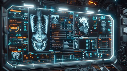 A futuristic HUD hologram of a medical x-ray scan, presented in a clean, minimal style. The image includes distinct, easily readable data overlays and indicators, all rendered in a crisp, clear color