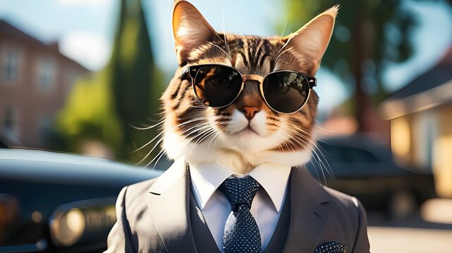 A cat wearing sunglasses and a suit with a tie