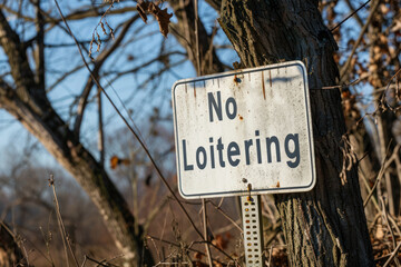 Weathered "No Loitering" Sign Mounted on Tree in Outdoor Setting