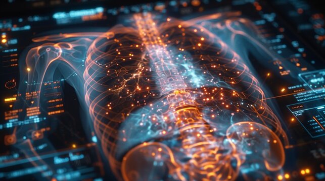 A clean and clear medical x-ray HUD hologram showing a detailed view of the human chest cavity. The minimalistic design uses simple, uncluttered graphics and a cool color palette to convey