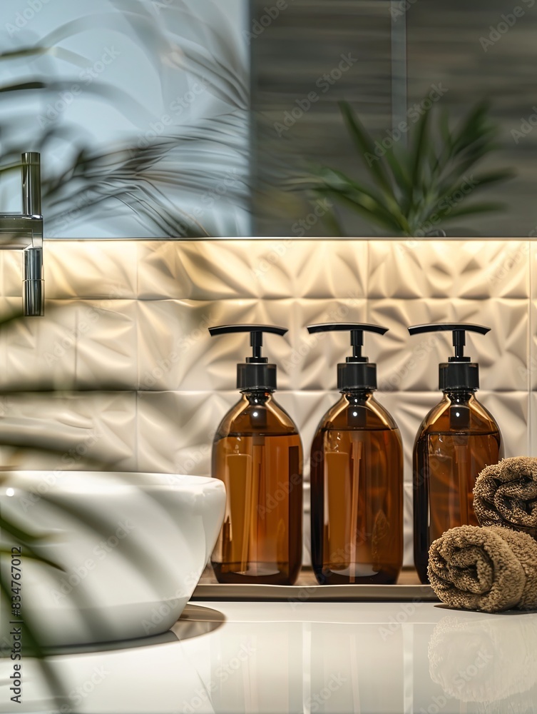 Poster three amber bottles of shampoo and conditioner stand on a countertop in a modern bathroom. generativ