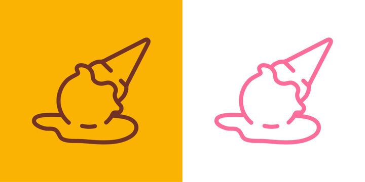 Logo ice cream. Grupo de silueta con l&iacute;neas de bola de helado en cono de waffle sabores fresa y chocolate cayendo y derriti&eacute;ndose