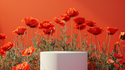 Front view of white and orange podium with and flower in a orange background for advertising , abstract content, Abstract minimal nature scene - empty stage with three white rectangle podiums