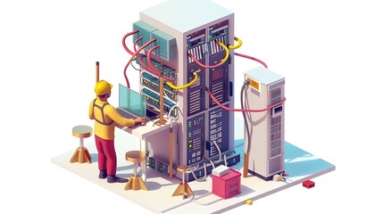 Whimsical Isometric 3D Illustration of Telecom Technicians Working on Network Equipment in Arcane Art Style, Isolated on White Background