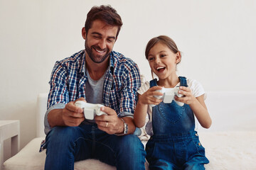Dad, girl and home with playing video game in sofa at living room for fun, support and child...