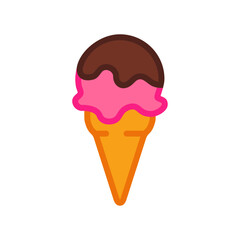 Logo ice cream. Cono de waffle con bola de helado de sabor fresa y cobertura de chocolate