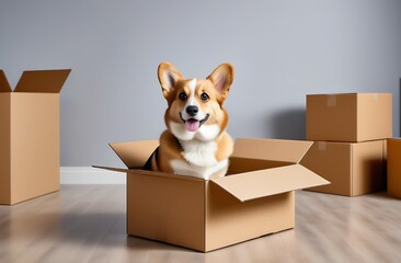 Charming corgi dog sits in a cardboard box against the background of empty boxes in the living room and looks at the camera, sticking out his tongue, the concept of moving to a new house with animals