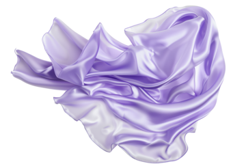 A flowing piece of lavender satin fabric, gently swirling and dancing in the air, isolated on transparent background