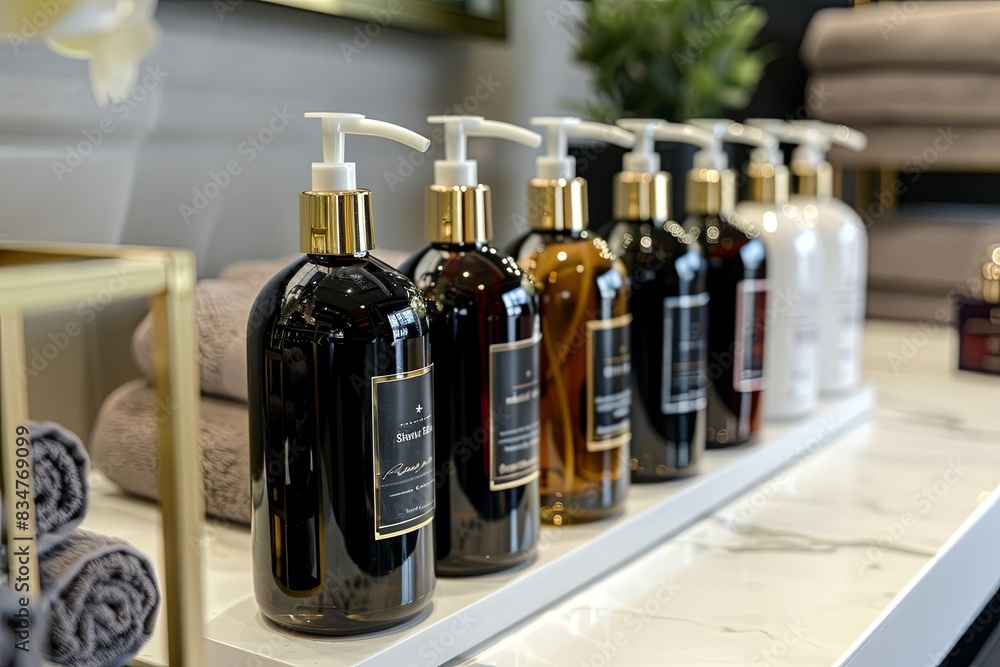 Poster a close-up image of luxurious shampoo and conditioner bottles in a clean and modern bathroom. genera