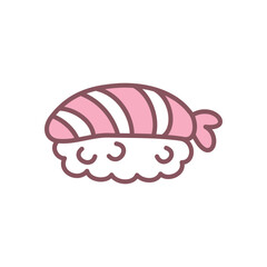 Cute shrimp sushi icon. Hand drawn illustration of an ebi maki isolated on a white background. Kawaii sticker. Vector 10 EPS.