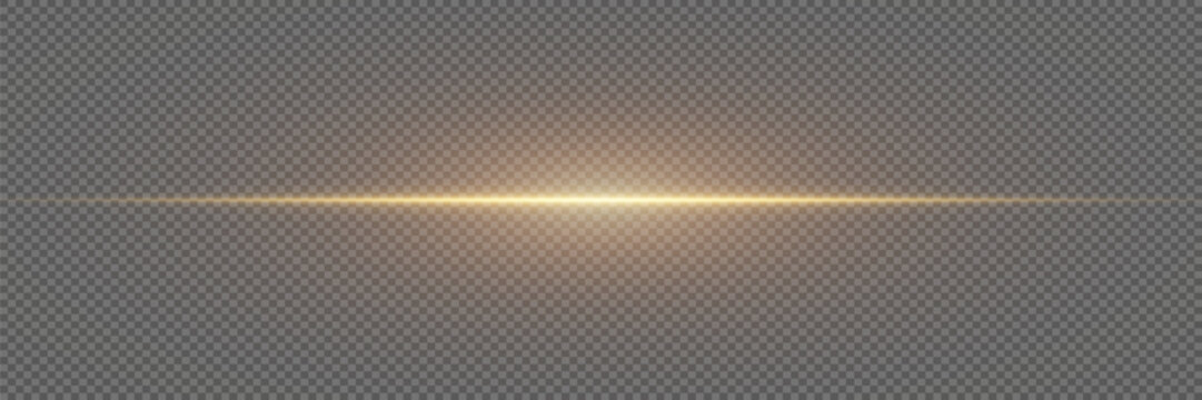 Golden line of light. Glowing glare, horizontal beam. On a transparent background.