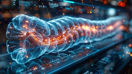 A clean and clear medical x-ray HUD hologram displaying a detailed image of the human esophagus. The minimalist design uses simple, transparent graphics and a cool blue color palette to convey