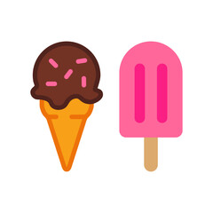 Logo ice cream y popsicle. Grupo de bola de helado en cono de waffle sabor chocolate y helado de paleta sabor fresa