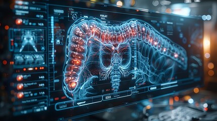 A clean, minimalistic medical x-ray hologram interface displaying the human appendix. The design features clear, sharp lines and a cool color palette of blue and white to highlight key areas.