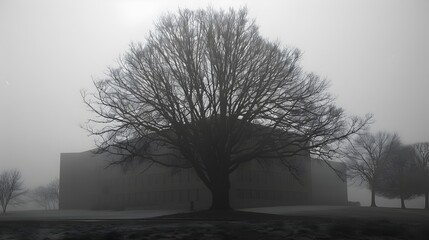 Mysterious Silhouetted Trees Shrouded in Atmospheric Fog at Secluded Forest Scene