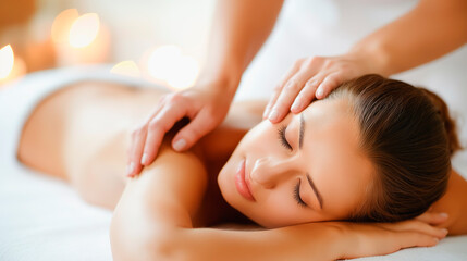 A woman receiving a head massage at a spa, warm bokeh lighting in the background, concept of relaxation and wellness. Generative AI