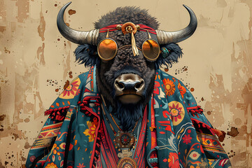 Colorful Tribal Buffalo Illustration