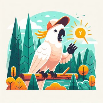 Cheerful Cockatoo with Cap in Forest