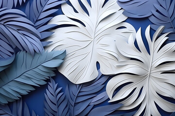 Tropical Leaves on Blue Background in Paper Cut Style. Generative AI