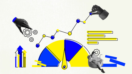 Dynamic business analysis, with woman engaged with gears and analytical charts. Ongoing and thoughtful analysis. Conceptual design. Art collage. Concept of business, best practice, benchmarking