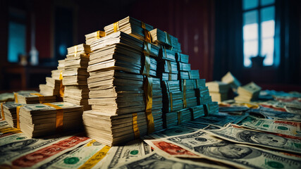 Stacks of money in the money mafia room. AI Generated