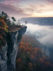 Autumn Landscape of Overhanging Rock in Tennessee with Misty Valley View - Ideal for Posters, Prints, and Wall Art