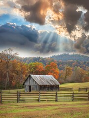 Autumn Landscape with Rustic Barn and Dramatic Sky in Tennessee Countryside