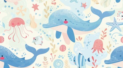 Obraz premium A delightful pattern of pastel cartoon sea creatures, like whales, starfish, and jellyfish, set against a soft, ocean-themed background
