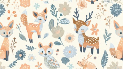 A sweet pattern of pastel cartoon woodland creatures, such as foxes, deer, and owls, surrounded by soft, floral elements