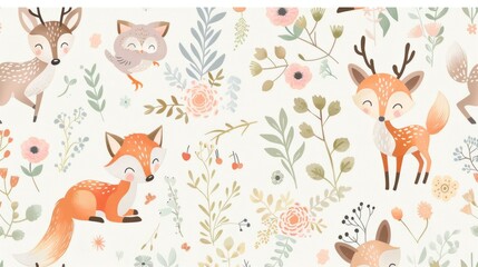 A sweet pattern of pastel cartoon woodland creatures, such as foxes, deer, and owls, surrounded by soft, floral elements