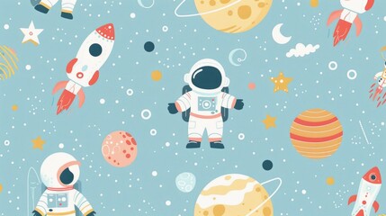 A lovely pattern of pastel cartoon space-themed characters, like astronauts, planets, and rockets, with a gentle and imaginative design