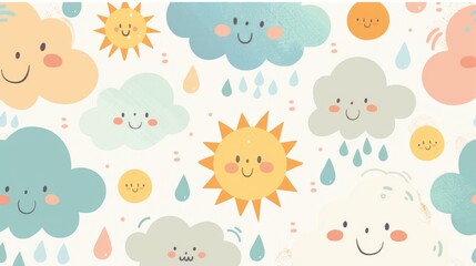 A heartwarming pattern of pastel cartoon clouds, suns, and raindrops, creating a soft and soothing weather-themed design