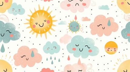 A heartwarming pattern of pastel cartoon clouds, suns, and raindrops, creating a soft and soothing weather-themed design