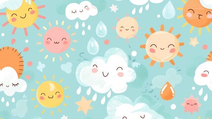 A heartwarming pattern of pastel cartoon clouds, suns, and raindrops, creating a soft and soothing weather-themed design