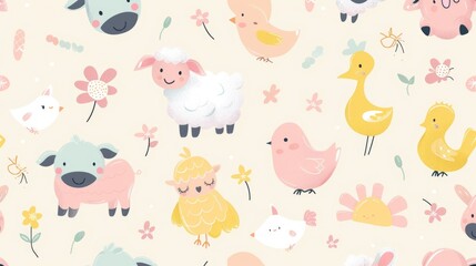A charming pattern of pastel cartoon baby animals, like lambs, chicks, and piglets, perfect for nursery decor or baby clothing