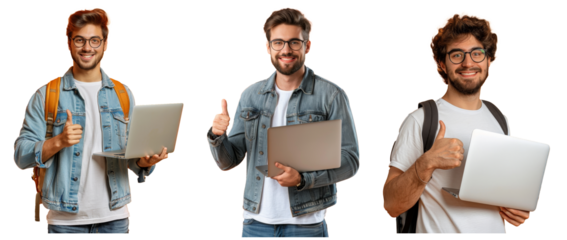 Suitable for students or freelancers, attractive smart caucasian guy with glasses, holding laptop, smiling friendly towards camera, holding thumb up gesture, standing against isolated orange