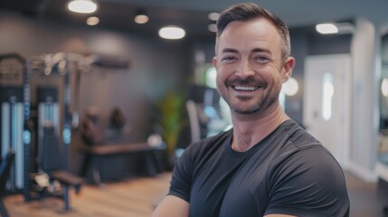 Obraz premium Smiling Fitness Coach in a Blurred Esports Gym: Health & Wellness, Weight Loss, Fitness, 4K HD Wallpaper