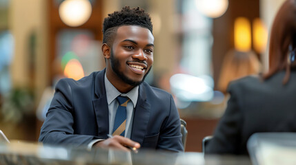 African American male bank employee in a clean suit, warmly assisting a customer at a bank counter.
