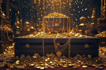 Fototapeta premium An image of treasure chests and gold coin, bar, chain