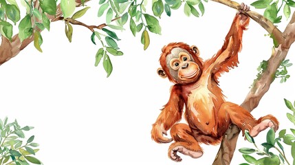 Orangutan swinging from tree to tree, complete with a cute,The scene is set against a pure white background