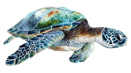 Sea turtle swimming in the ocean, complete with a cute,The scene is set against a pure white background