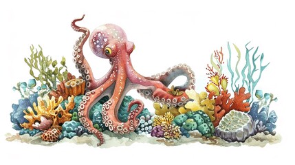 Obraz premium Octopus hiding in a coral reef, complete with a cute,The scene is set against a pure white background