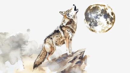 Obraz premium Wolf howling at the moon, complete with a cute,The scene is set against a pure white background