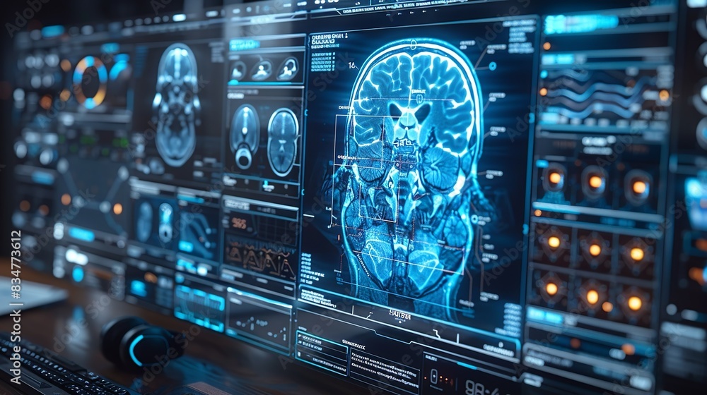 Poster A clean, minimalistic medical x-ray hologram interface displaying the human stratum spinosum. The design features clear, sharp lines and a cool color palette of blue and white to highlight key areas.