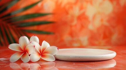 Front view of white and orange podium with and flower in a orange background for advertising , abstract content, Abstract minimal nature scene - empty stage with three white rectangle podiums