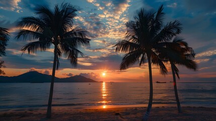 Fototapeta na wymiar 海に沈む夕日とヤシの木