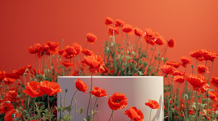 Front view of white and orange podium with and flower in a orange background for advertising , abstract content, Abstract minimal nature scene - empty stage with three white rectangle podiums