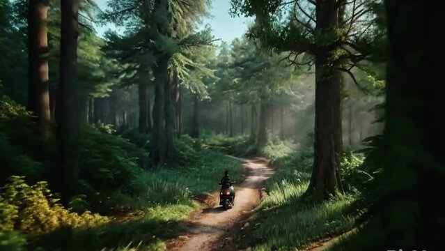 Motorcyclist riding through the forest, realistic nature beauty, aesthetically designed, cinematic lighting, video futage

