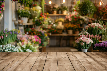 A wooden counter in the foreground with a blurred background of a flower shop. The background features various bouquets, potted plants, floral arrangements, and a colorful, fragrant display.